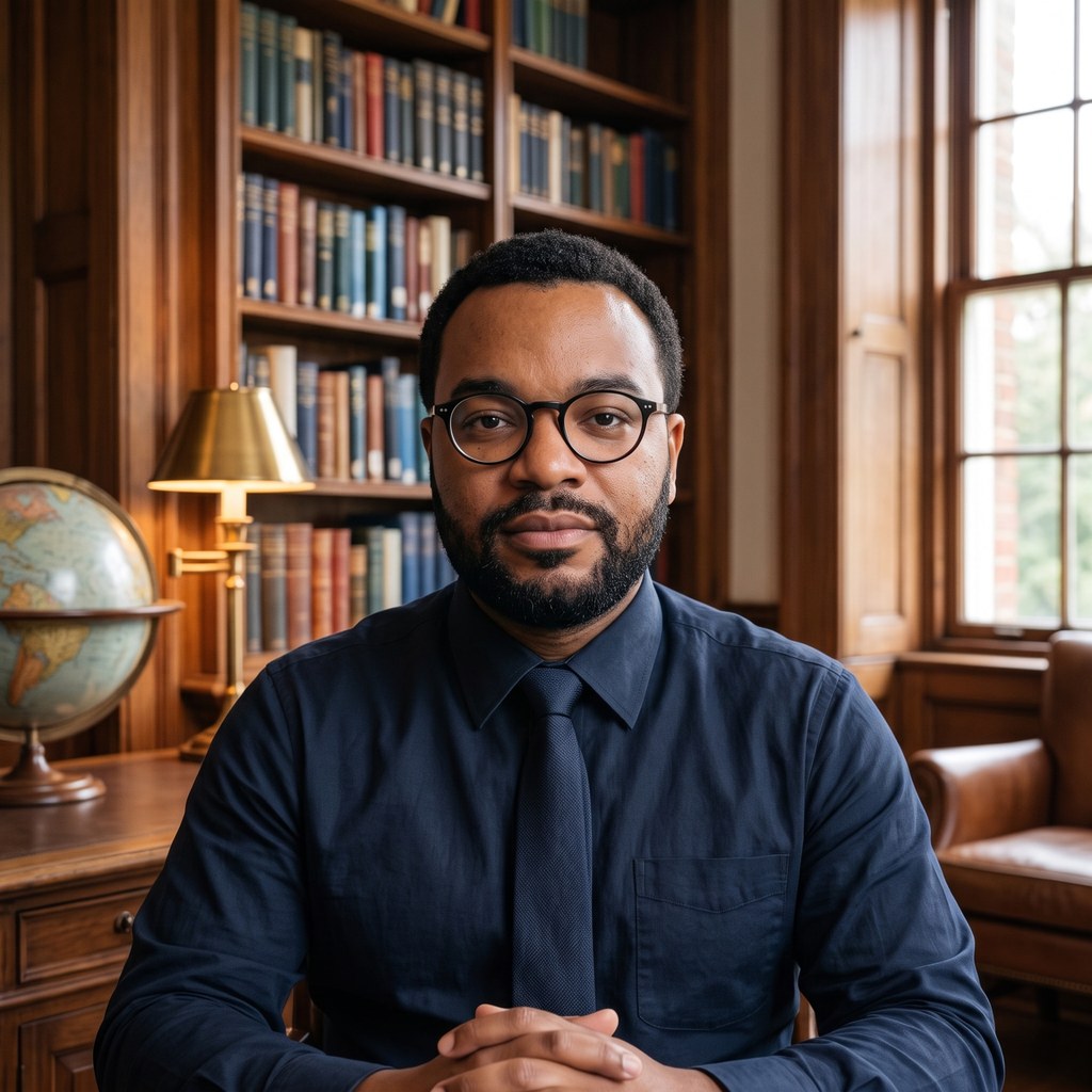 Freddrick Logan, PhD, seated in a wood-panelled library
